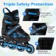 Adjustable kids' inline skates in blue featuring triple safety protection, illuminating wheels, and durable 82A PU.