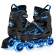Adjustable kids' inline skates in blue with illuminating wheels, featuring a secure buckle and breathable material for.