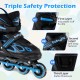 Adjustable kids' inline skates in blue with triple safety features, including a cuff buckle and secure strap fastener.