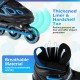 Close-up of the adjustable kids' inline skates featuring a thickened liner and hardshell toe for impact protection.