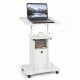 Adjustable mobile standing desk cart in white features a tiltable tabletop, cabinet, and rolling casters for versatile use.