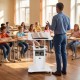 Adjustable mobile standing desk cart in white with a tilt desktop, ideal for presentations in classrooms or offices.