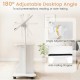 Adjustable mobile standing desk cart in white features a 180° tilt desktop and rolling casters for versatile use.