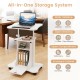 Adjustable mobile standing desk cart in white features a tiltable tabletop, open shelving, and an enclosed cabinet for storage.