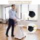 Adjustable mobile standing desk cart in white with a tilt desktop, featuring 4 wheels for easy transport and 2 lockable wheels.