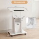 Adjustable mobile standing desk cart in white with a tiltable top, 2-tier shelves, and rolling casters for versatile use.