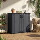 All-weather black storage box with lockable doors and removable shelf, ideal for organizing patio tools and equipment.