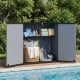 Gray all-weather storage box with removable shelf, ideal for organizing patio items and tools by the poolside.