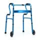 Blue aluminum heavy-duty folding wheeled stand-assist walker with adjustable height and dual-tier armrests for easy.