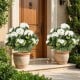 Set of 2 artificial begonia ball trees with 22 white flowers, perfect for porch or garden decoration.