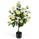 Artificial camellia tree with yellow flowers in a cement-filled pot, perfect for home or office decor.