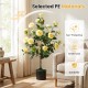 Artificial Camellia tree with yellow flowers in a cement-filled pot, 35.5" tall, ideal for indoor and outdoor decor.