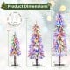 Product dimensions of a set of 3 artificial Christmas trees with snow-flocked tips and multi-color LED lights.