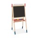 Height adjustable wooden art easel with chalkboard and whiteboard, includes magnetic stickers and paper roll for kids.