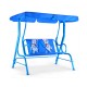 Outdoor kids patio swing bench with canopy in blue, featuring puppy patterns, suitable for 2 children aged 3 to 5 years.