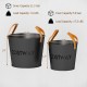 Set of 2 metal ash buckets with leather handles, featuring 11.5 Gal and 5.8 Gal capacities for fireplaces and fire pits.