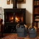 Set of 2 metal ash buckets with leather handles, perfect for storing ash and coals by the fireplace.