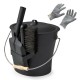 Black ash bucket with lid, brush, shovel, and cut-resistant gloves, ideal for bonfires and wood burners.