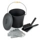 Black ash bucket with lid, brush, ash shovel, and cut-resistant gloves for safe transport and storage of ash and debris.