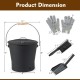 Black ash bucket with lid, brush, ash shovel, and cut-resistant gloves for safe handling and easy transport of ash.