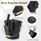 Black ash bucket with lid, wooden handle, and included brush and shovel, perfect for bonfires and fire pits.