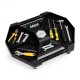 Automotive rolling tool creeper in black with 4 compartments, swivel casters, and durable polypropylene construction.