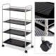 Four-tier rolling storage cart with rust-resistant steel, featuring lockable casters and guardrails for stability and.