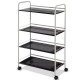 Four-tier rolling storage cart with rust-resistant steel, featuring guardrails and lockable casters for versatile.