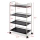 Four-tier rolling storage cart with rust-resistant steel, 23.5-inch width, ideal for organizing in office or kitchen.