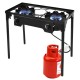 Side view of the 150,000 BTU double burner outdoor stove showcasing the cooking surface, ideal for outdoor activities.