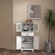 Freestanding white bathroom cabinet with 2 open shelves, adjustable shelves, and doors for versatile storage.