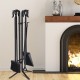 5-piece fireplace iron tool set in black finish, featuring a shovel, brush, poker, tong, and base for fire maintenance.
