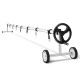 Aluminum pool cover reel set with wheels, adjustable for 2.5 to 22 feet pools, includes 8 straps and clamps.