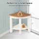 Heavy-duty corner shower bench stool in brown with storage shelf, made of waterproof HDPE, perfect for limited spaces.