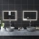 LED bathroom mirror with adjustable 3-color dimmable lights and anti-fog function, mounted above stylish stone sinks.