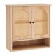 Natural wood bathroom wall cabinet with PE rattan doors, adjustable shelves, and spacious top for storage.