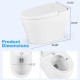 Elongated bidet toilet in white with adjustable heated seat, showcasing dimensions and features for modern comfort.