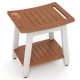 HIPS shower bench seat in brown and white with handle, featuring a soap holder and open shelf for versatile use.