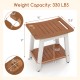 HIPS shower bench seat in brown and white, featuring a curved surface, towel bar, and adjustable non-slip feet.