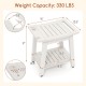 HIPS shower bench seat in white with handle, featuring a curved surface and open shelf for versatile indoor or outdoor.