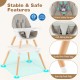 5-in-1 baby wooden high chair in gray with a 5-point safety harness and sturdy beechwood legs for safe feeding.
