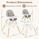 Dimensions of the 5-in-1 baby wooden convertible high chair in gray, showcasing adjustable tray and sturdy beechwood.