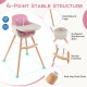 3-in-1 convertible wooden high chair in pink with solid beech legs, 5-point harness, and removable cushion for safety.