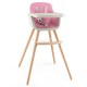 3-in-1 convertible wooden high chair in pink with removable cushion, adjustable tray, and sturdy beech legs for safety.