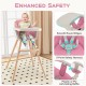 3-in-1 convertible wooden high chair in pink with a removable cushion and 5-point safety harness for secure seating.