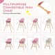 3-in-1 convertible wooden high chair in pink with removable cushion, adjustable tray, and 5-point harness for safety.