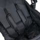 Close-up of the black double baby stroller's adjustable 5-point safety belt for secure seating for two babies.