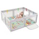 Baby playpen with breathable mesh and cushioned mat, featuring zipper doors and pull rings for safe playtime.