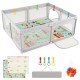 Gray baby playpen with breathable mesh, cushioned mat, and 50 ocean balls, ideal for safe play and exploration.