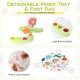 Detachable music tray and foot pad of the yellow baby activity center, featuring interactive toys and sound effects.